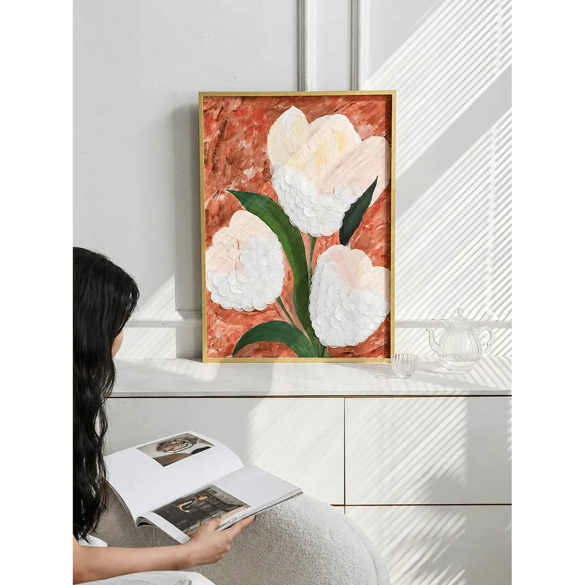 Mother of Pearl Wall Art Floral Triptych, Textured Handcrafted Gold Frame Series