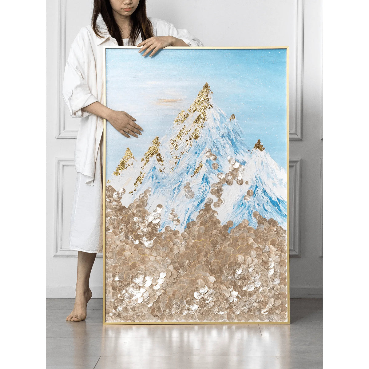 Mother of Pearl Wall Art, Layered Alpine Texture in Blue and Gold