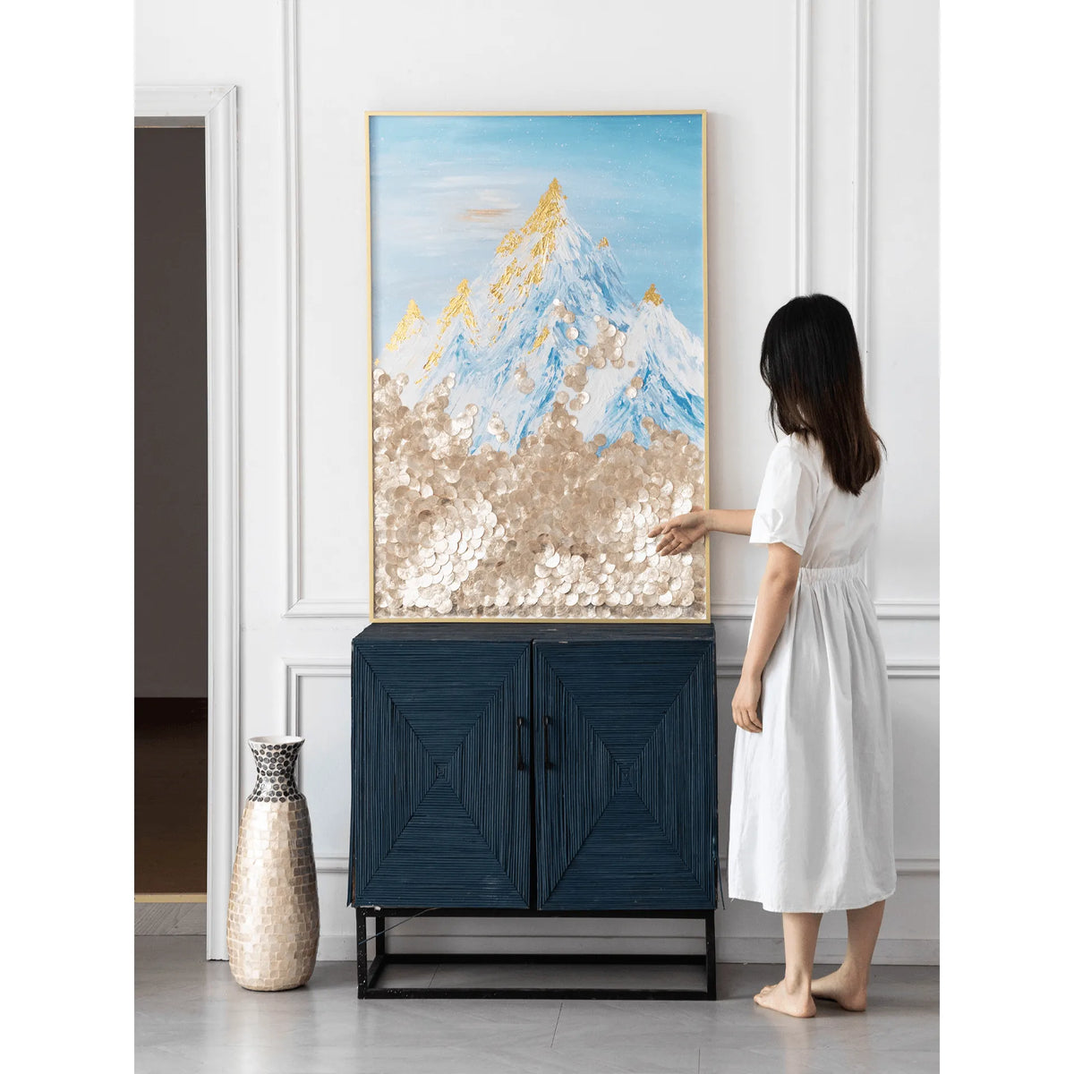 Mother of Pearl Wall Art, Layered Alpine Texture in Blue and Gold Main Product Image