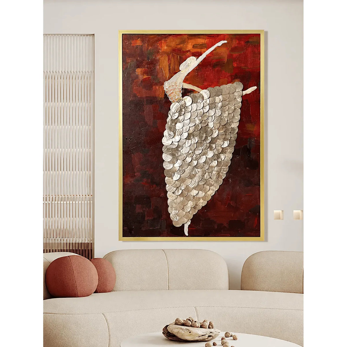 Mother of Pearl Wall Art, Layered Ballet Figure Panel With Gold Frame