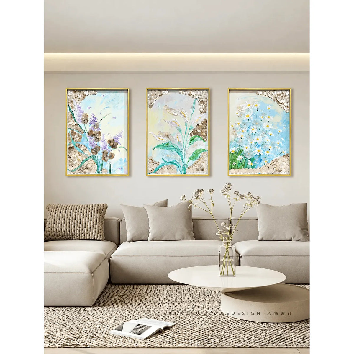 Mother of Pearl Wall Art, Textured Floral Panels with Gold Frame