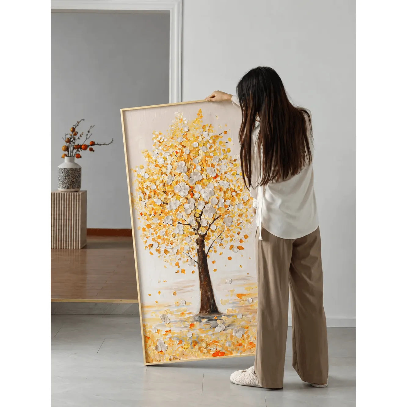 Arte de pared de nácar, panel decorativo vertical con árbol dorado texturizado Imagen secundaria del producto