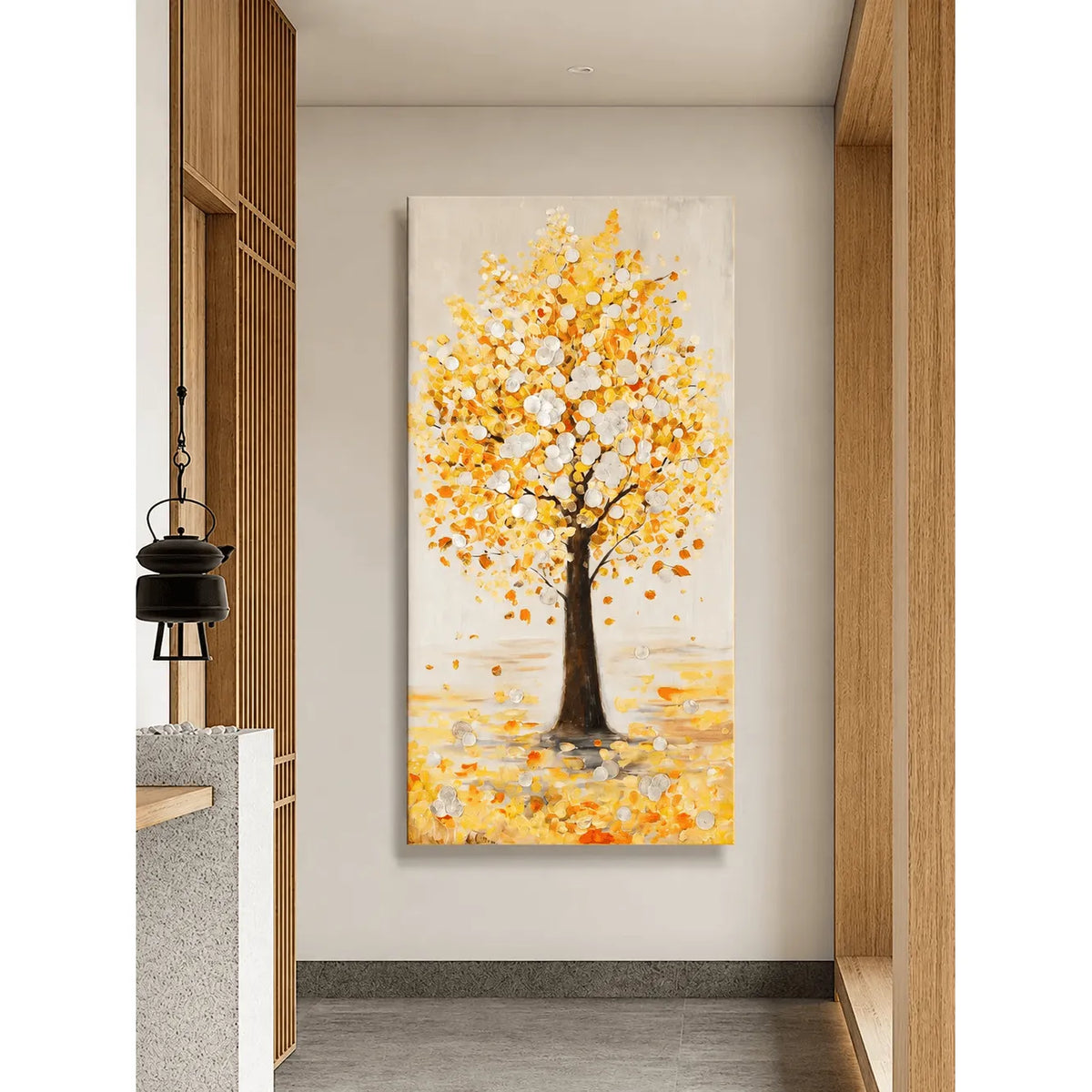 Mother of Pearl Wall Art, Textured Golden Tree Vertical Panel Decor
