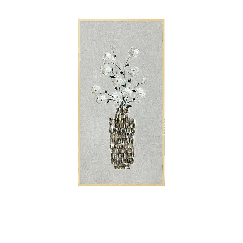 Mother of Pearl Wall Art Triptych, Floral Vase Relief on Linen