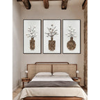 Mother of Pearl Wall Art Triptych, Floral Vase Relief on Linen