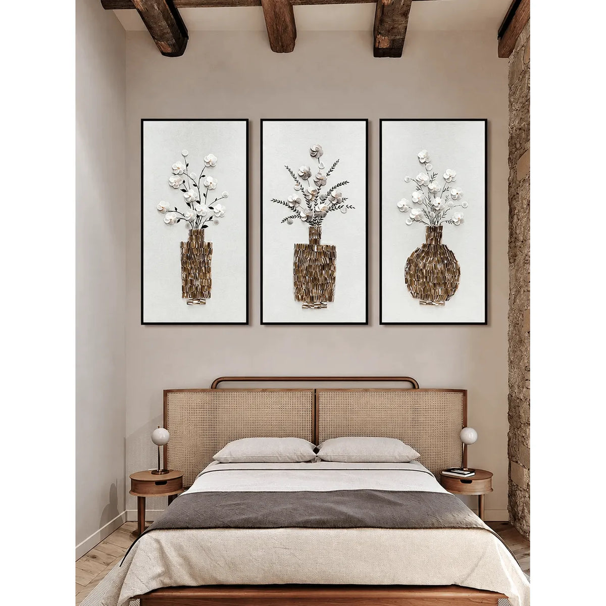 Mother of Pearl Wall Art Triptych, Floral Vase Relief on Linen