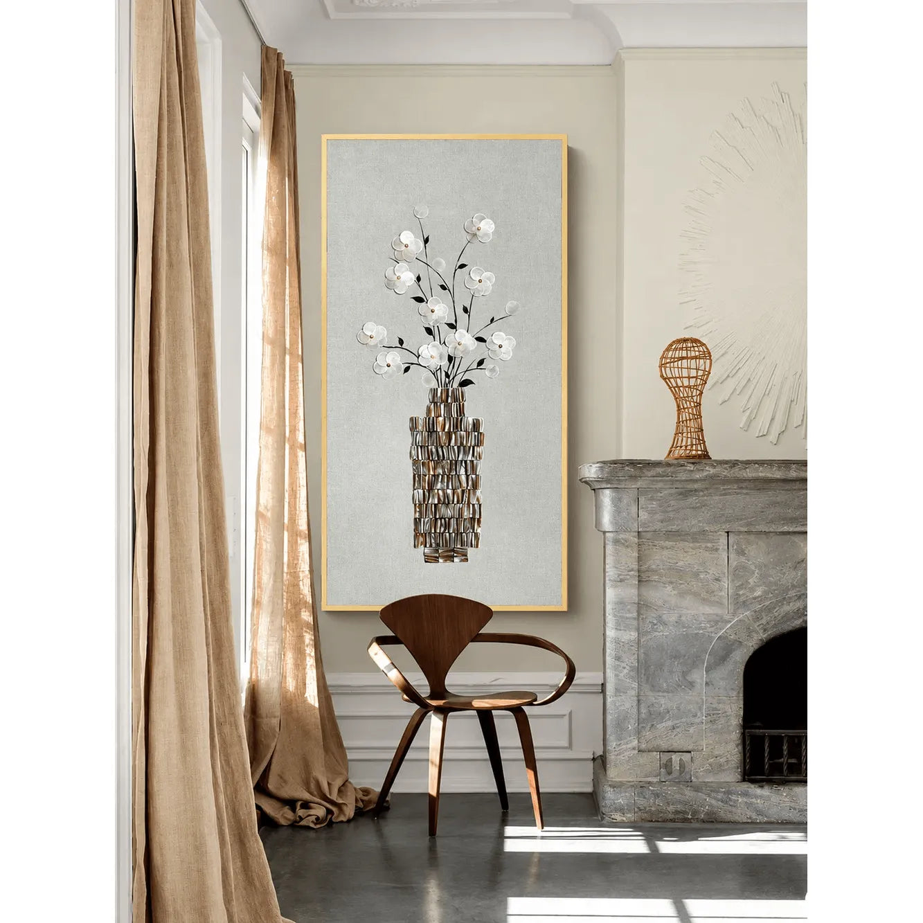Triptyque mural en nacre, relief de vase floral sur lin Image secondaire du produit