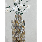 Mother of Pearl Wall Art Triptych, Floral Vase Relief on Linen