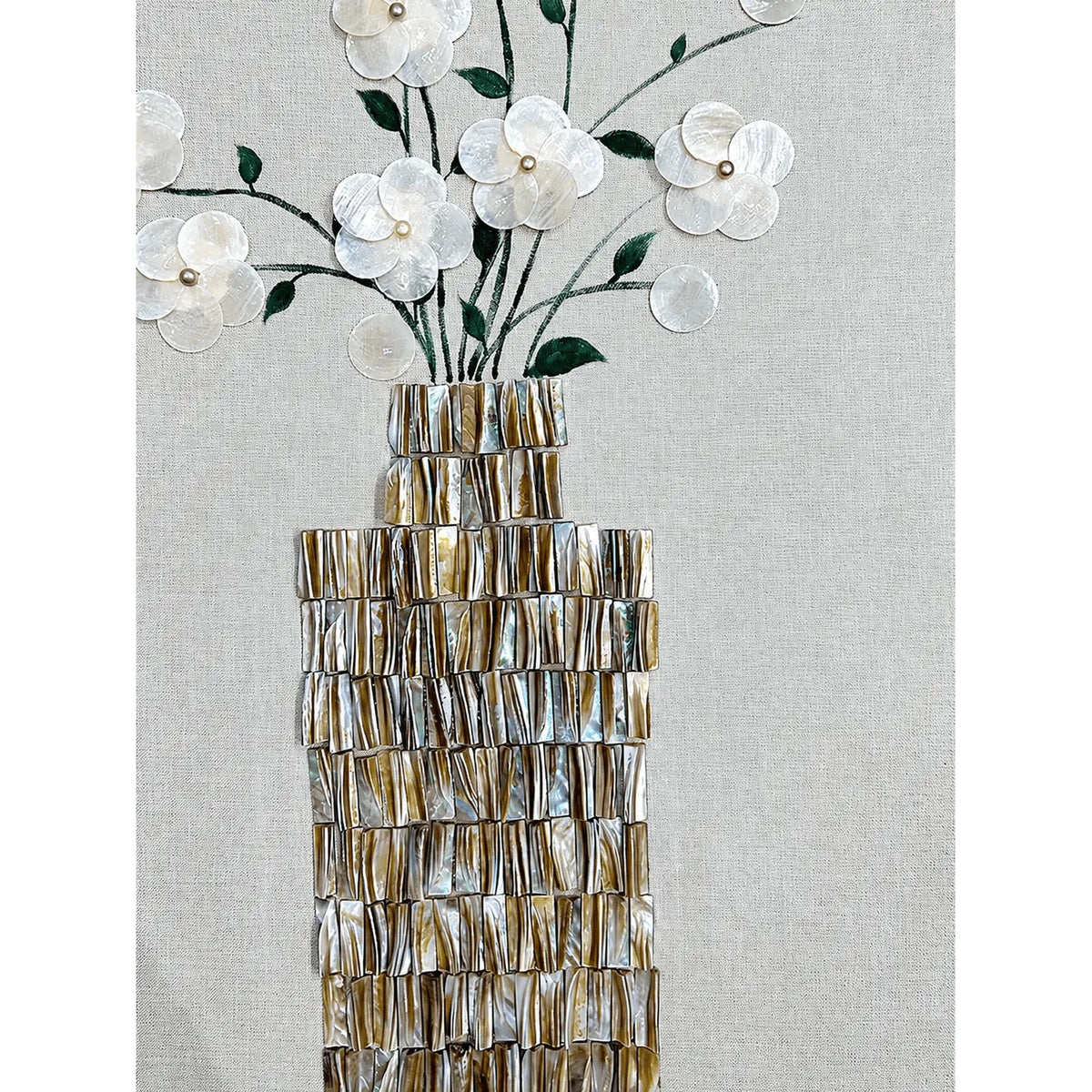Mother of Pearl Wall Art Triptych, Floral Vase Relief on Linen