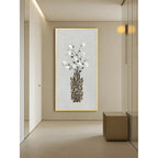 Mother of Pearl Wall Art Triptych, Floral Vase Relief on Linen