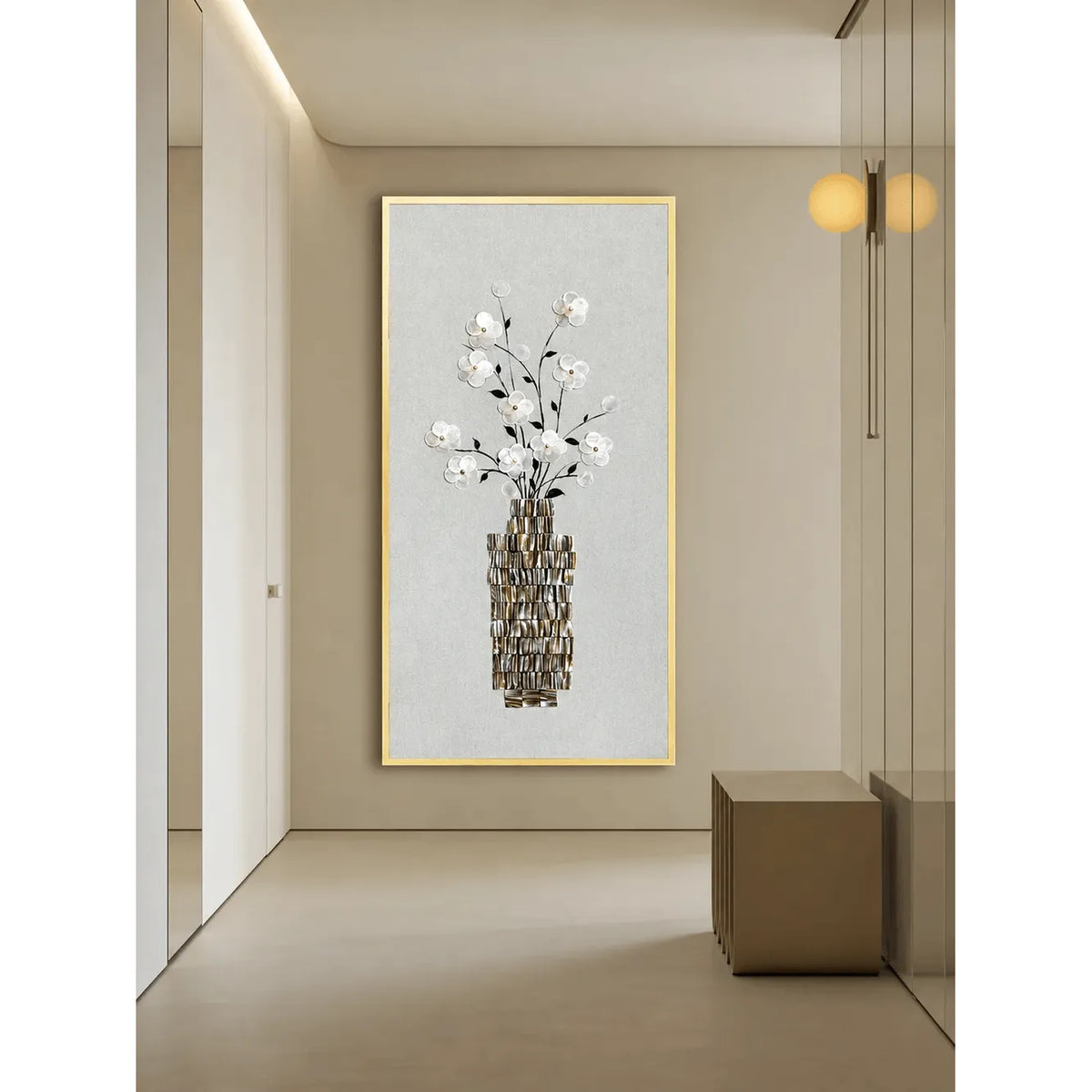 Mother of Pearl Wall Art Triptych, Floral Vase Relief on Linen