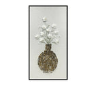 Mother of Pearl Wall Art Triptych, Floral Vase Relief on Linen