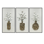 Mother of Pearl Wall Art Triptych, Floral Vase Relief on Linen