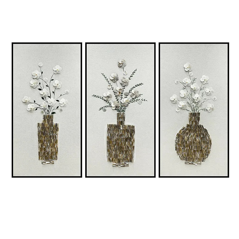 Mother of Pearl Wall Art Triptych, Floral Vase Relief on Linen