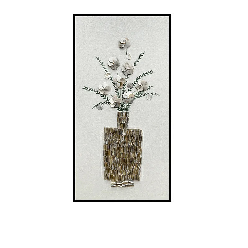 Mother of Pearl Wall Art Triptych, Floral Vase Relief on Linen