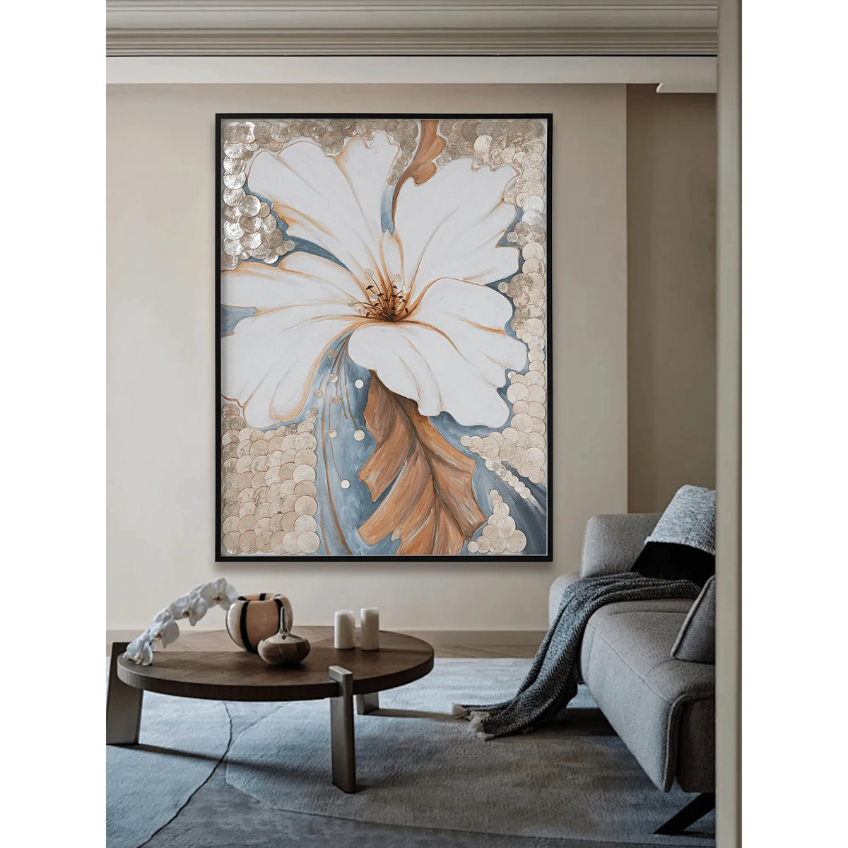 Mother of Pearl Wall Art Triptych, Handcrafted Floral Relief Panels