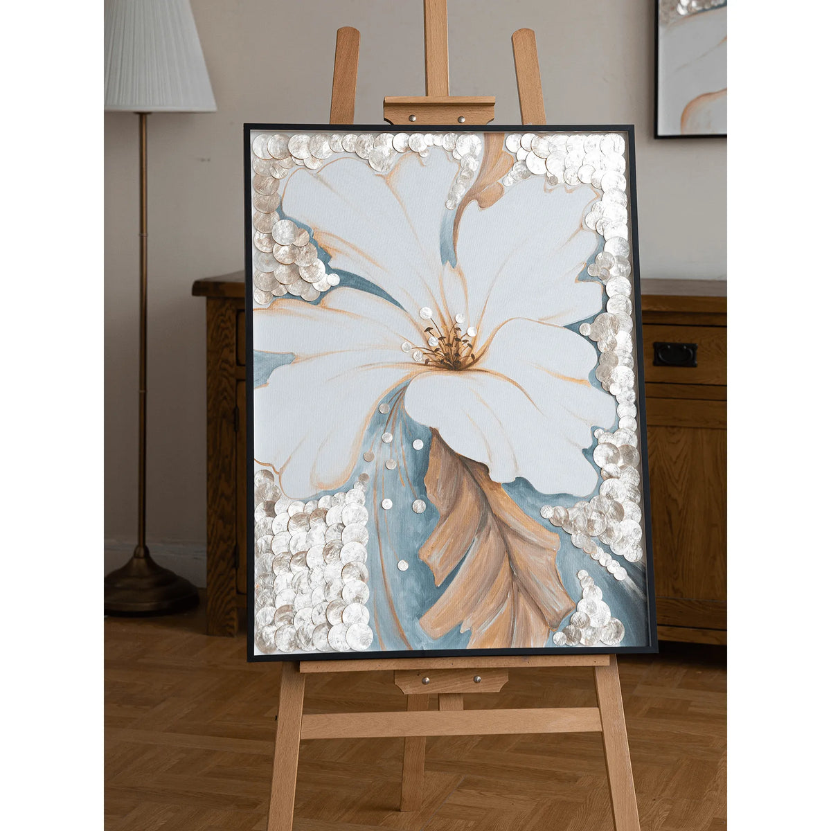 Mother of Pearl Wall Art Triptych, Handcrafted Floral Relief Panels