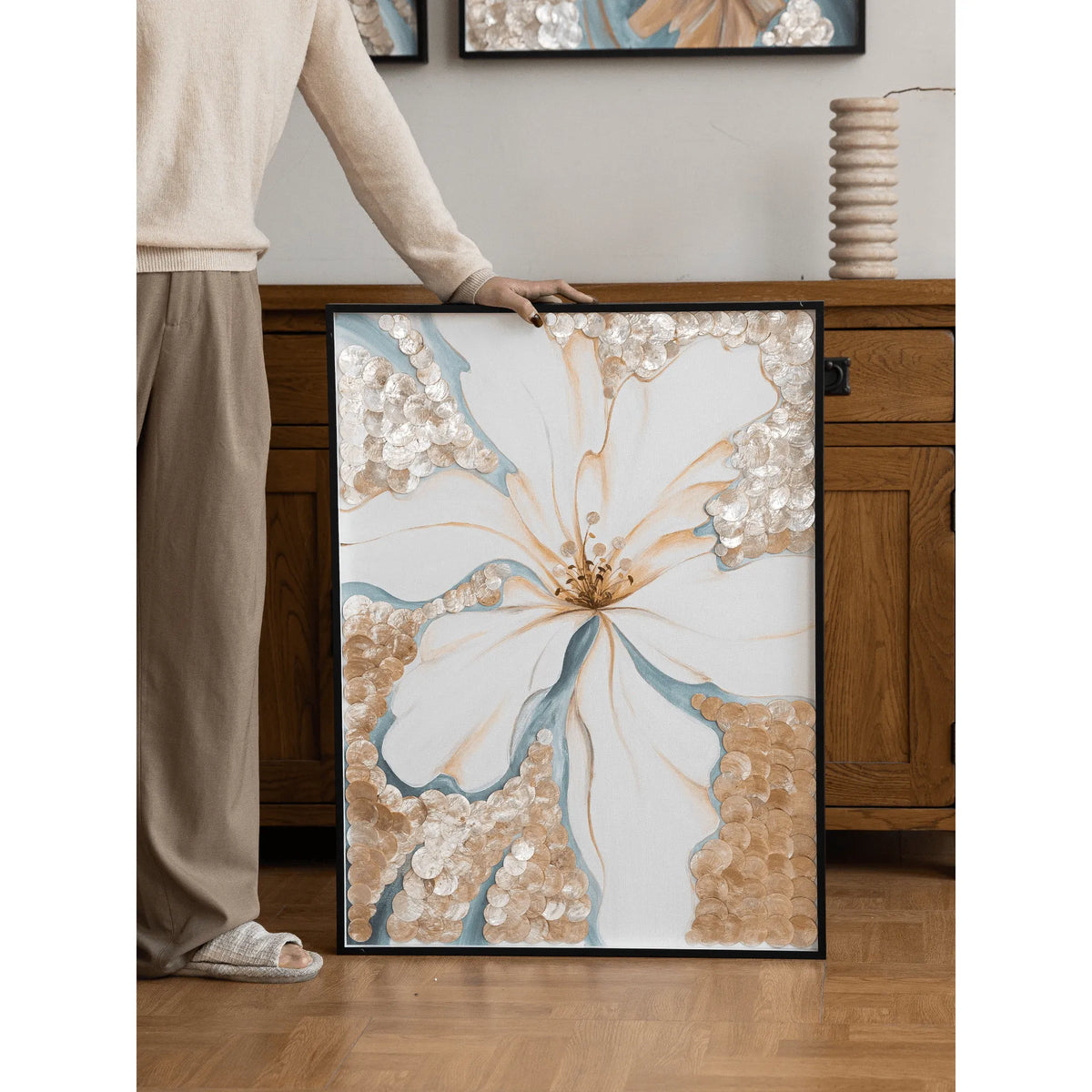 Mother of Pearl Wall Art Triptych, Handcrafted Floral Relief Panels