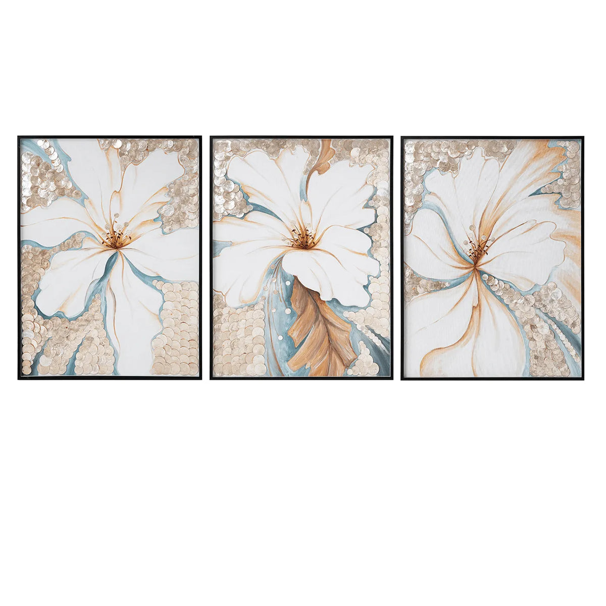 Mother of Pearl Wall Art Triptych, Handcrafted Floral Relief Panels
