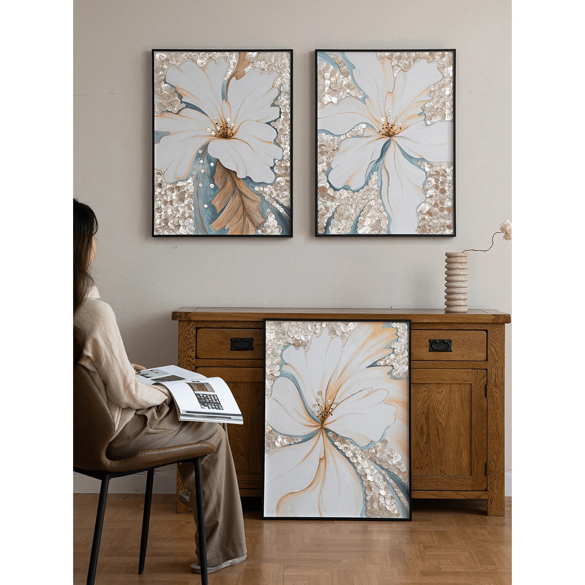 Mother of Pearl Wall Art Triptych, Handcrafted Floral Relief Panels Main Product Image