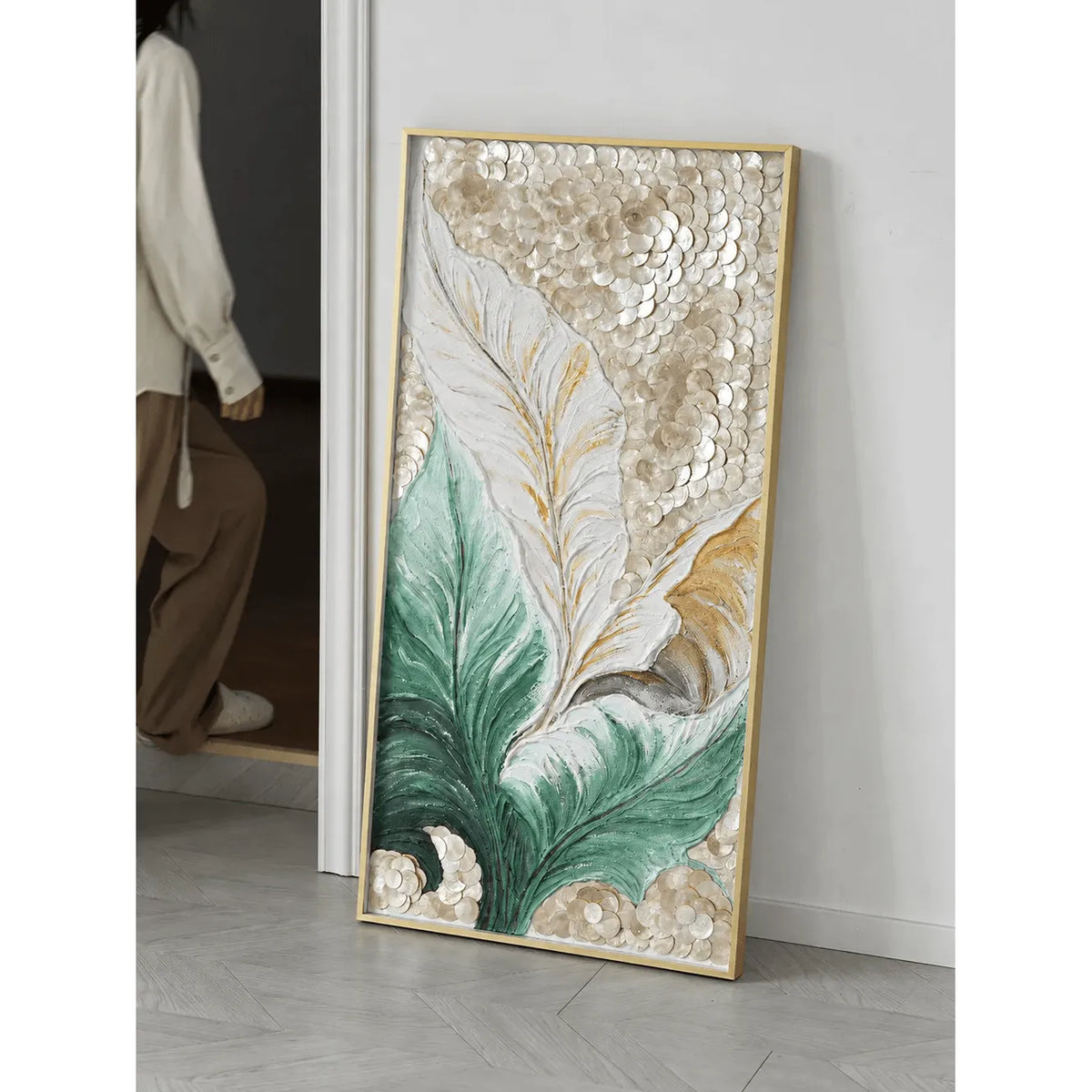 Mother of Pearl Wall Art with Layered Leaf Motif, Gold Frame Elegance