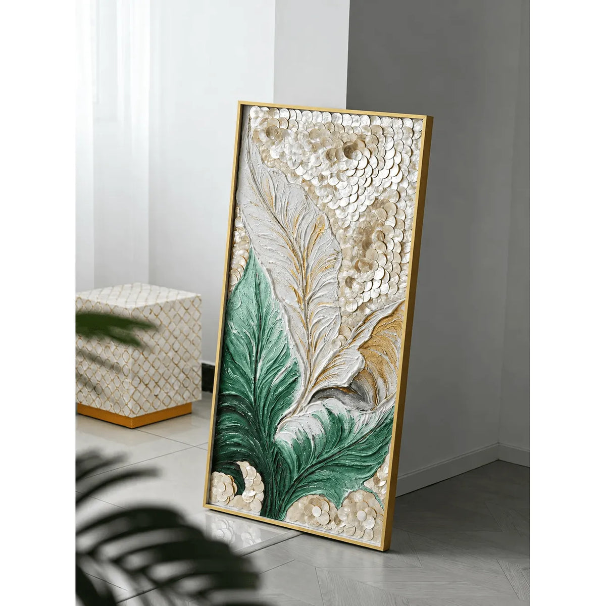 Mother of Pearl Wall Art with Layered Leaf Motif, Gold Frame Elegance