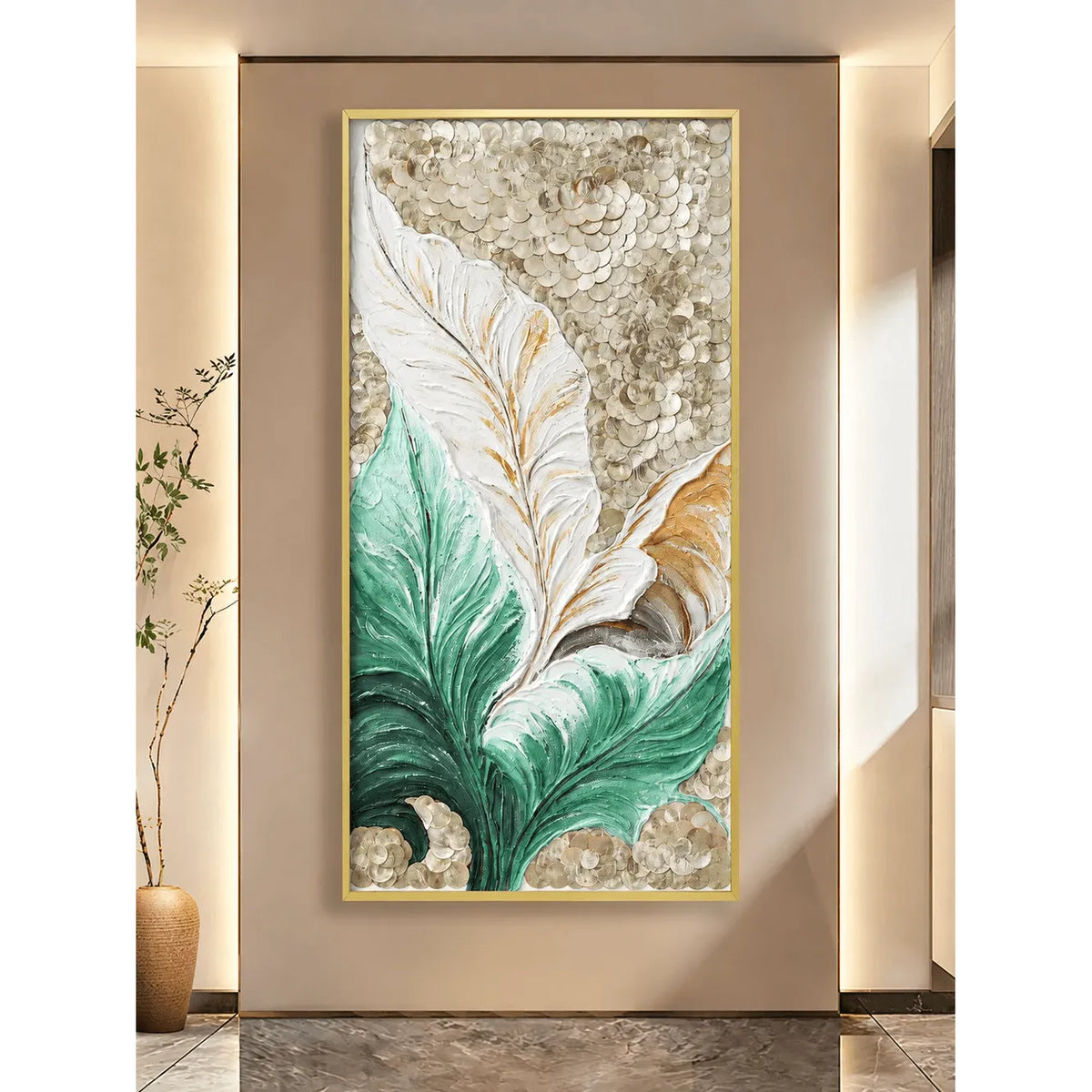 Mother of Pearl Wall Art with Layered Leaf Motif, Gold Frame Elegance Main Product Image