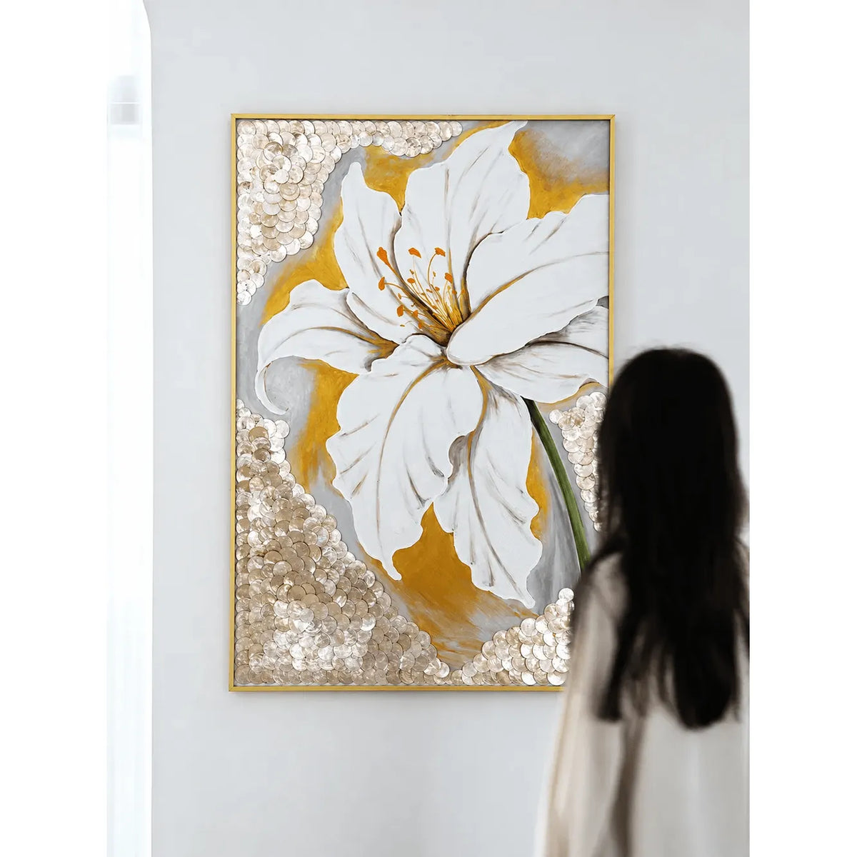 Mother of Pearl Wall Art with Oversized White Bloom and Gold Frame