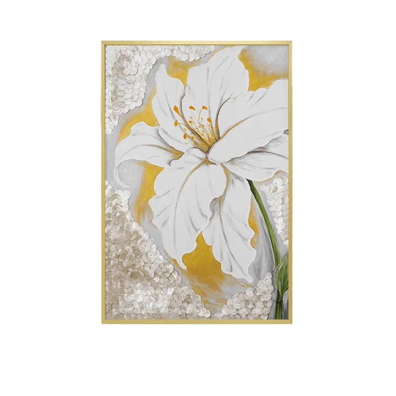 Mother of Pearl Wall Art with Oversized White Bloom and Gold Frame