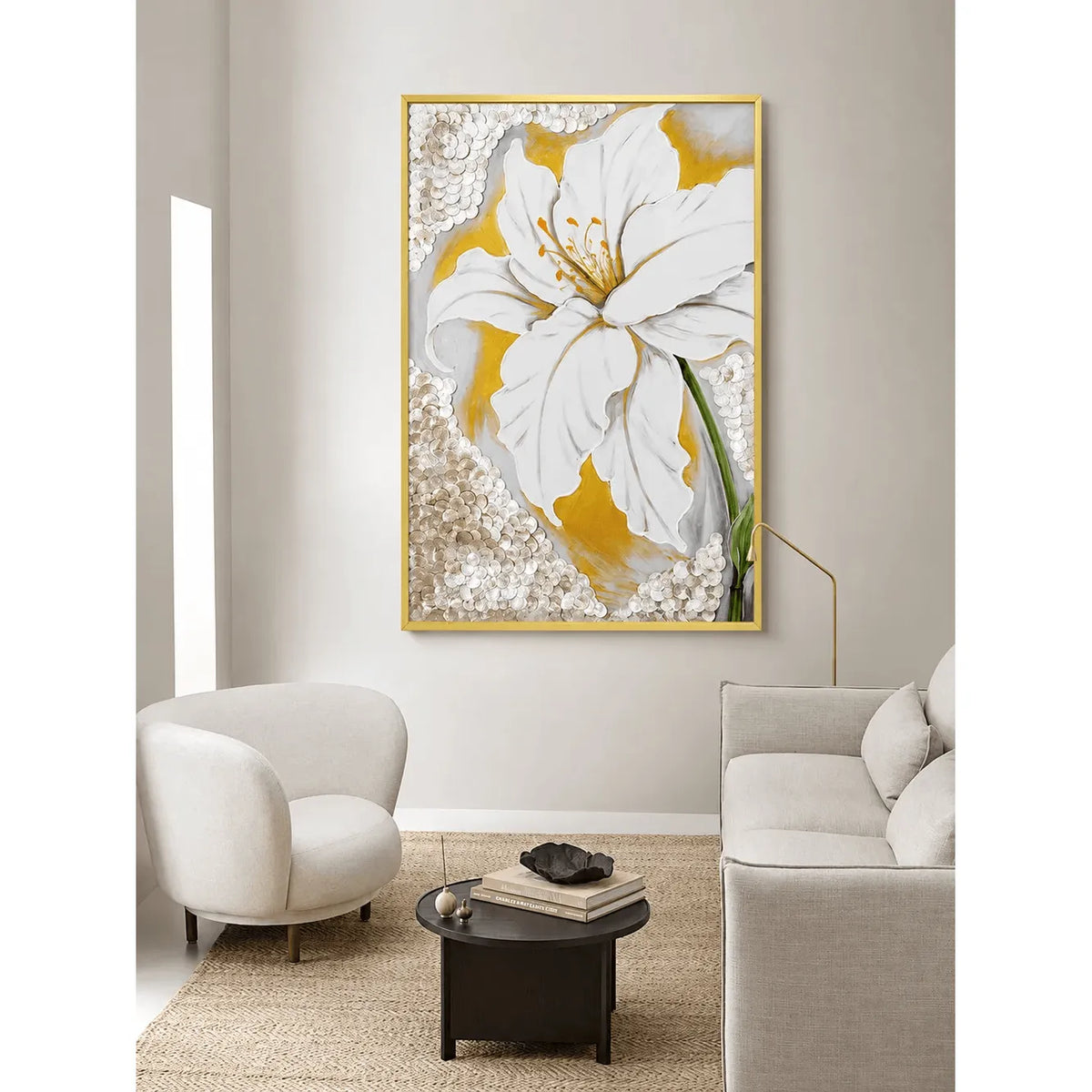 Mother of Pearl Wall Art with Oversized White Bloom and Gold Frame