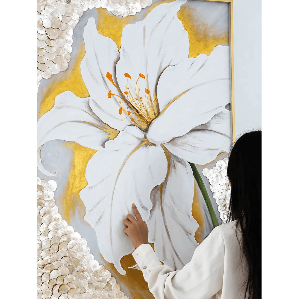 Mother of Pearl Wall Art with Oversized White Bloom and Gold Frame