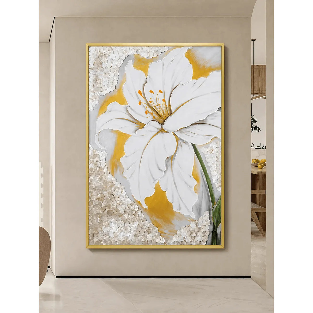 Mother of Pearl Wall Art with Oversized White Bloom and Gold Frame