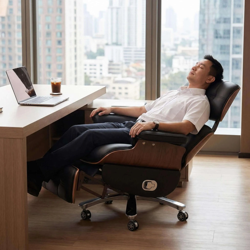 Motion Executive Reclining Office Chair with Genuine Leather and Wood Trim