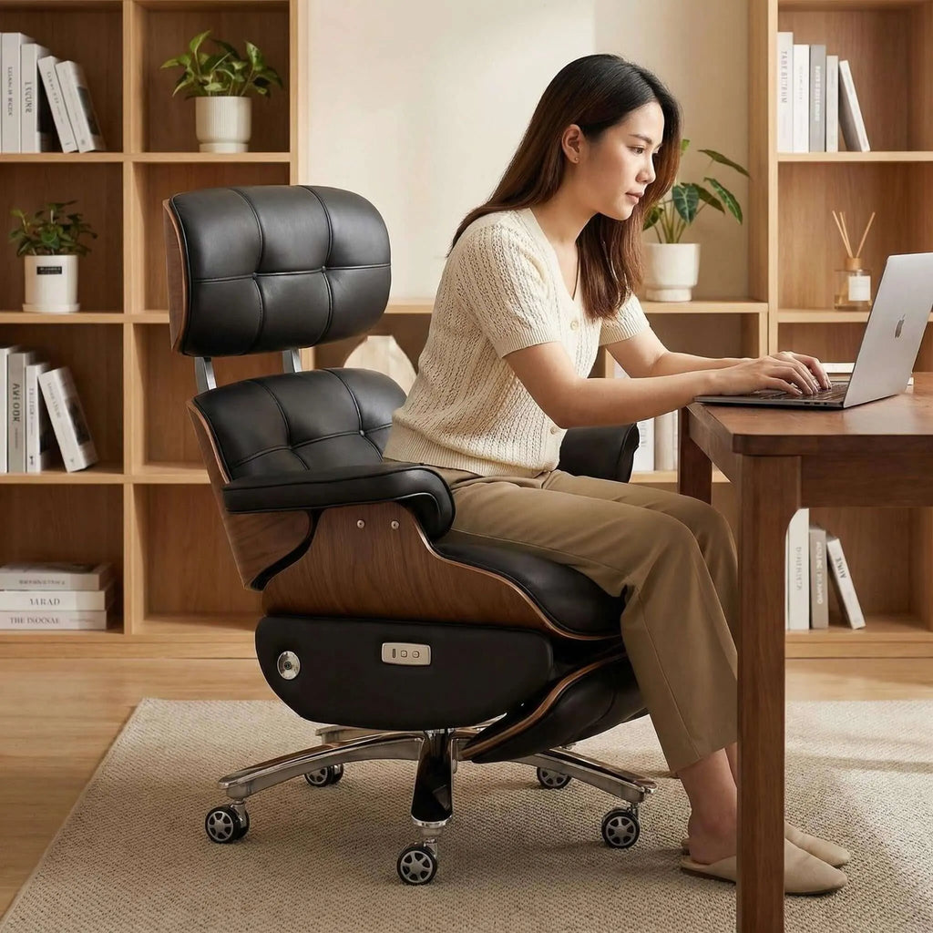 Motion Executive Reclining Office Chair with Genuine Leather and Wood Trim