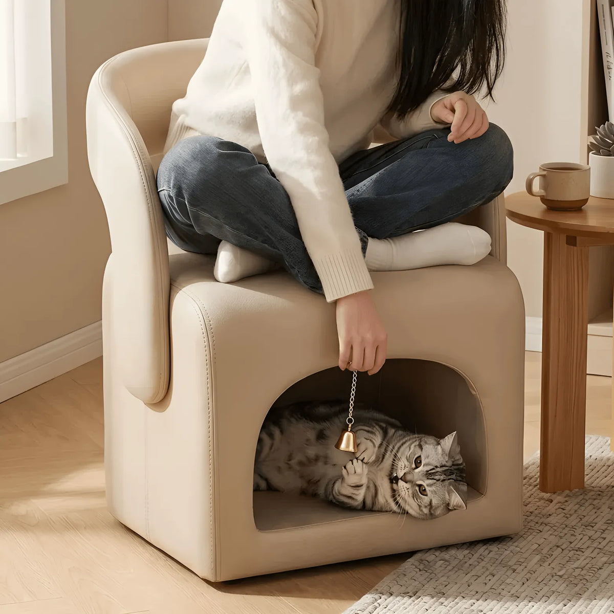 Multifunctional Pet-Friendly Accent Chair With Hidden Cat Nook and Casters