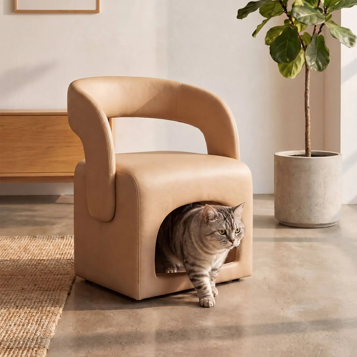 Multifunctional Pet-Friendly Accent Chair With Hidden Cat Nook and Casters