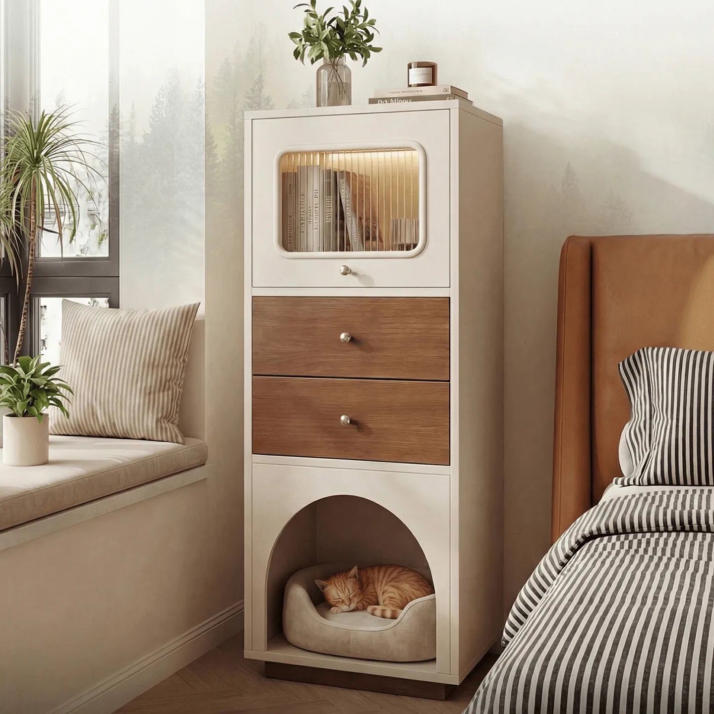 Multifunctional Pet-Friendly Cabinet With Vertical Storage and Cream Wood Detail Main Product Image メイン画像