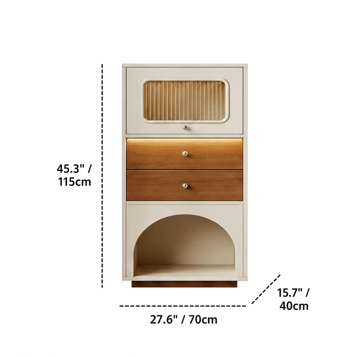 Multifunctional Pet-Friendly Cabinet With Vertical Storage and Cream Wood Detail Dimensions