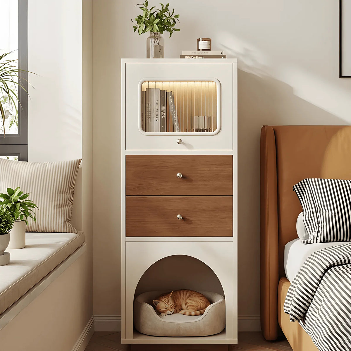 Multifunctional Pet-Friendly Cabinet With Vertical Storage and Cream Wood Detail