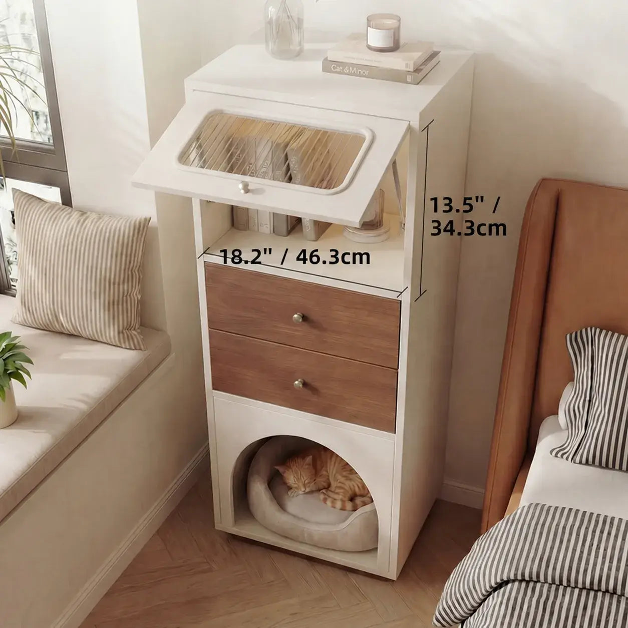 Multifunctional Pet-Friendly Cabinet With Vertical Storage and Cream Wood Detail