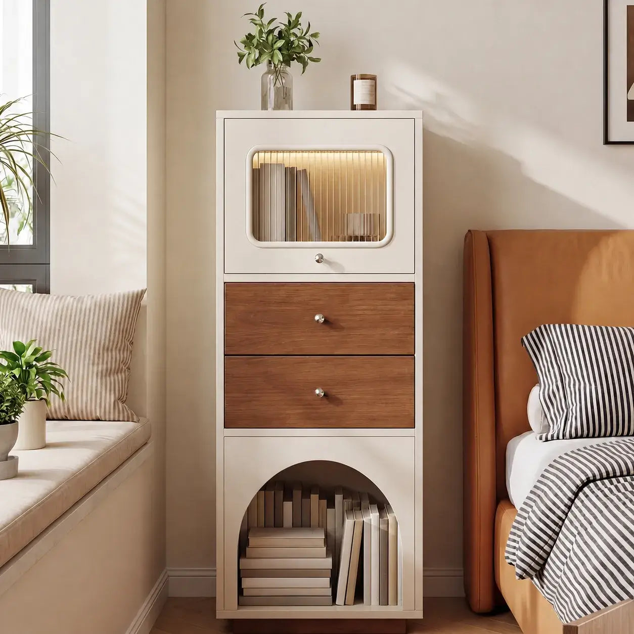 Multifunctional Pet-Friendly Cabinet With Vertical Storage and Cream Wood Detail サブ画像
