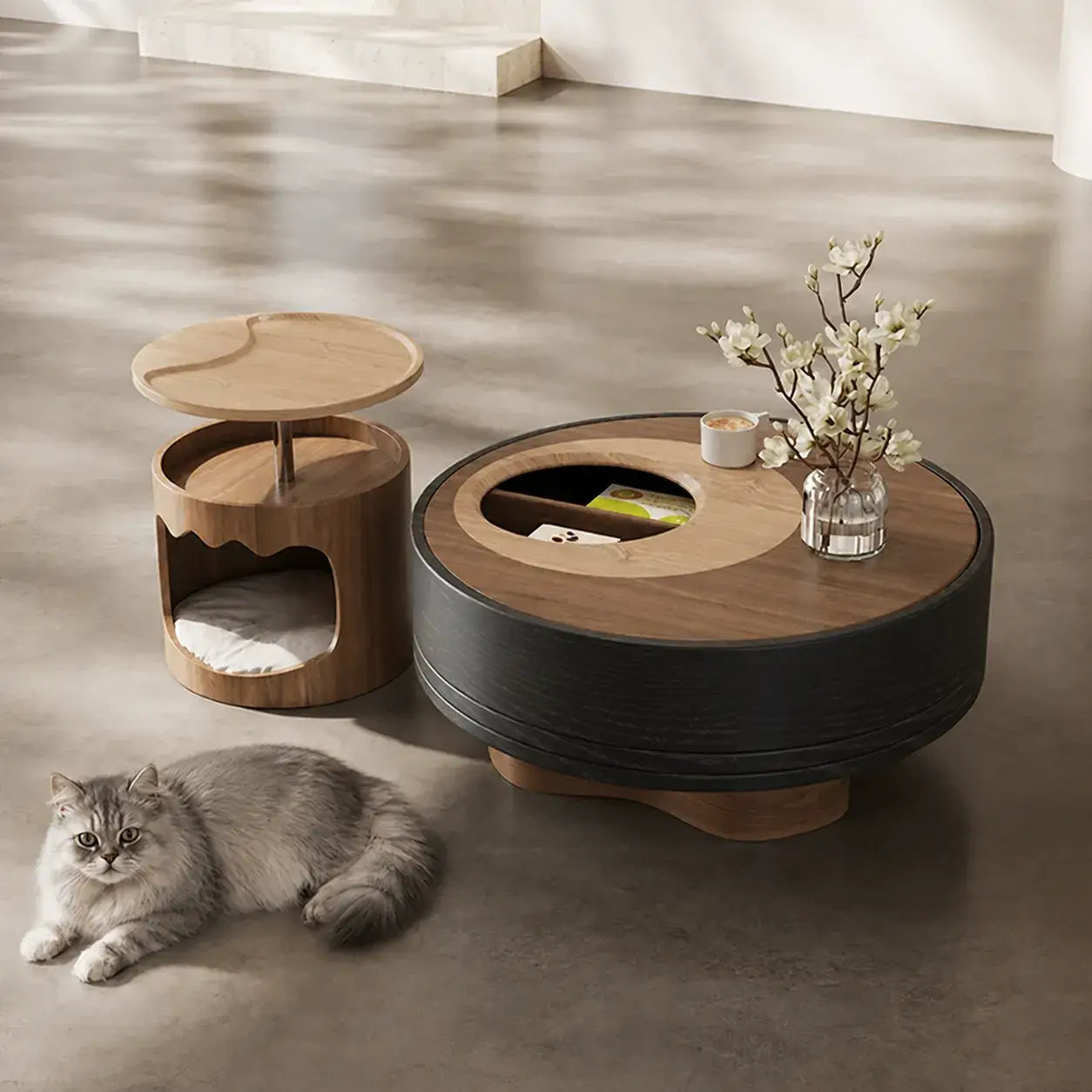 Multifunctional Pet-Friendly Coffee Table and Side Table Set, Sculptural Walnut Round Nesting Design