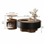 Multifunctional Pet-Friendly Coffee Table and Side Table Set, Sculptural Walnut Round Nesting Design Dimensions