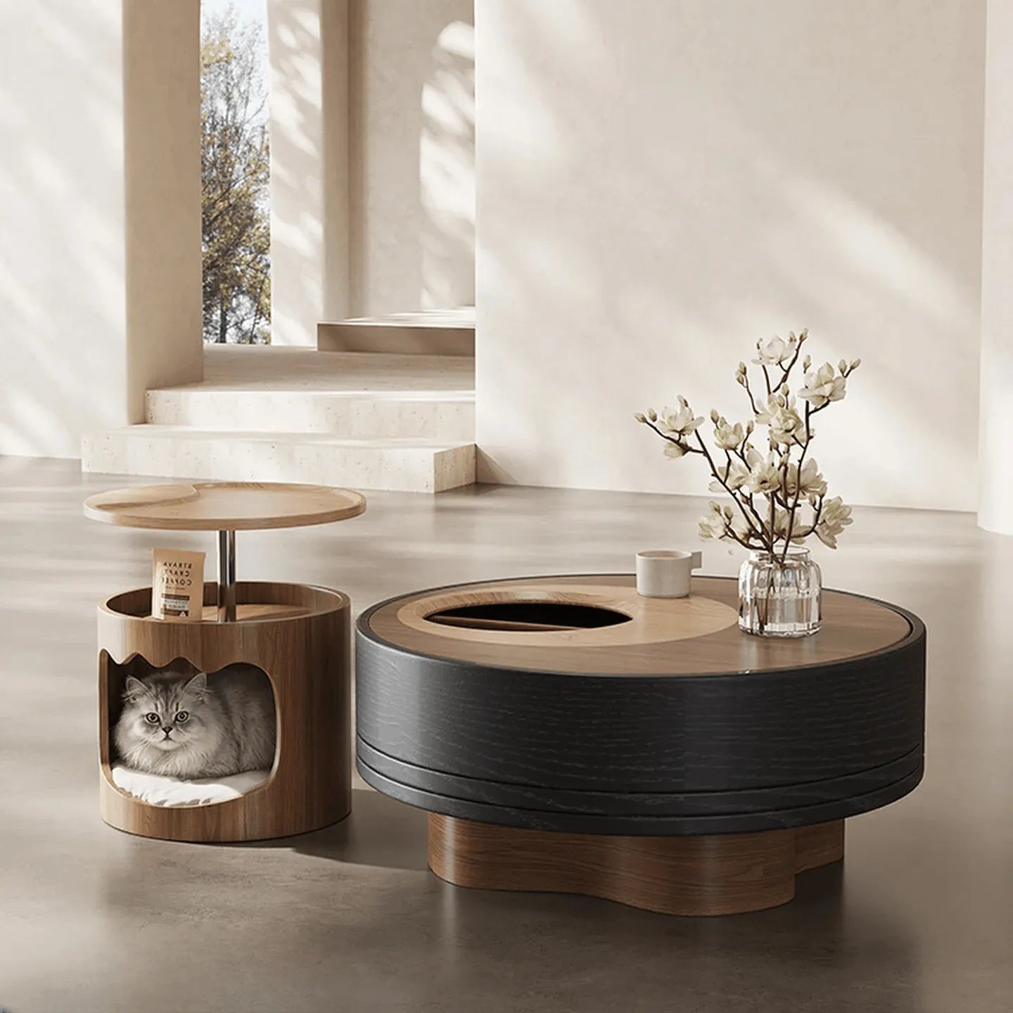 Multifunctional Pet-Friendly Coffee Table and Side Table Set, Sculptural Walnut Round Nesting Design Main Product Image