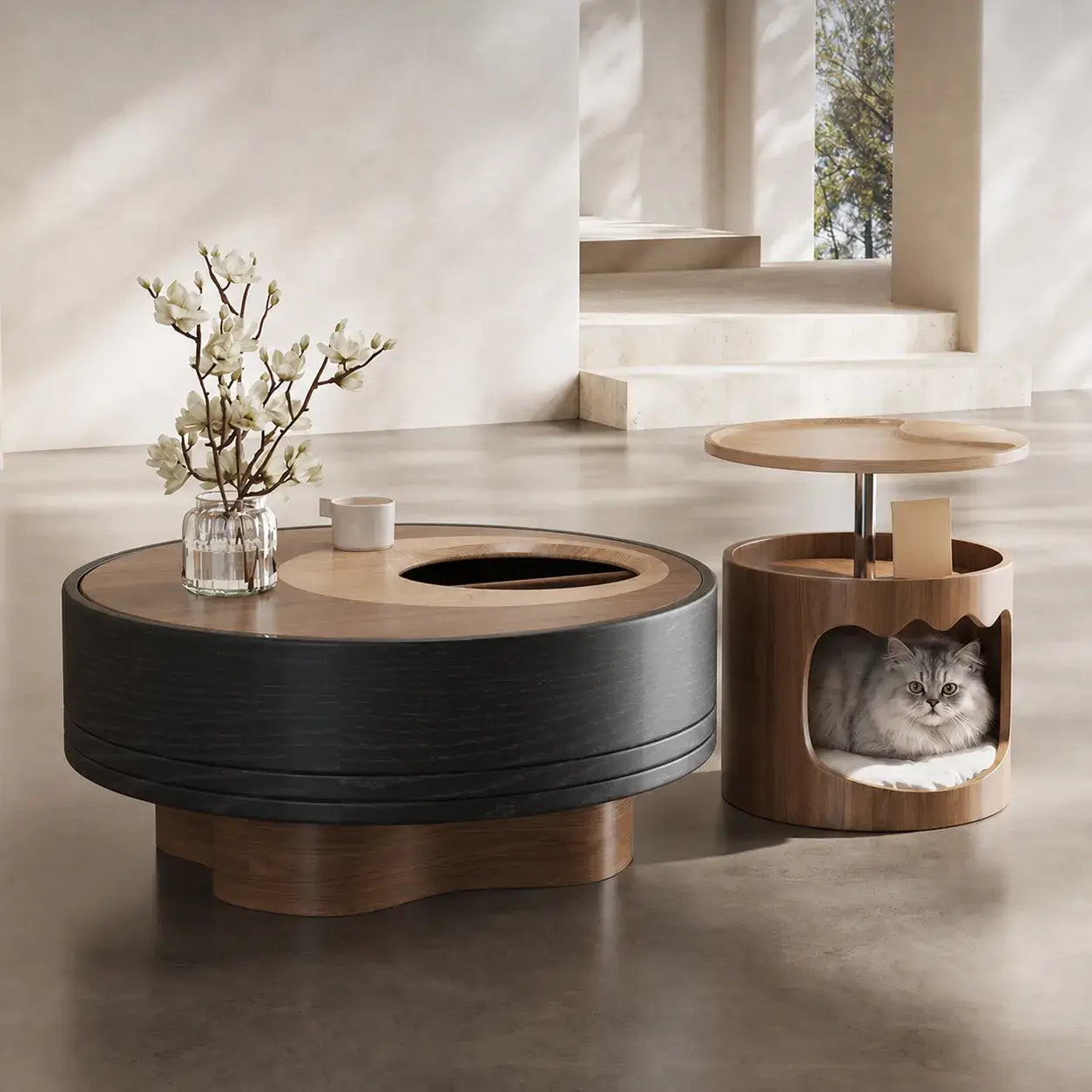 Multifunctional Pet-Friendly Coffee Table and Side Table Set, Sculptural Walnut Round Nesting Design