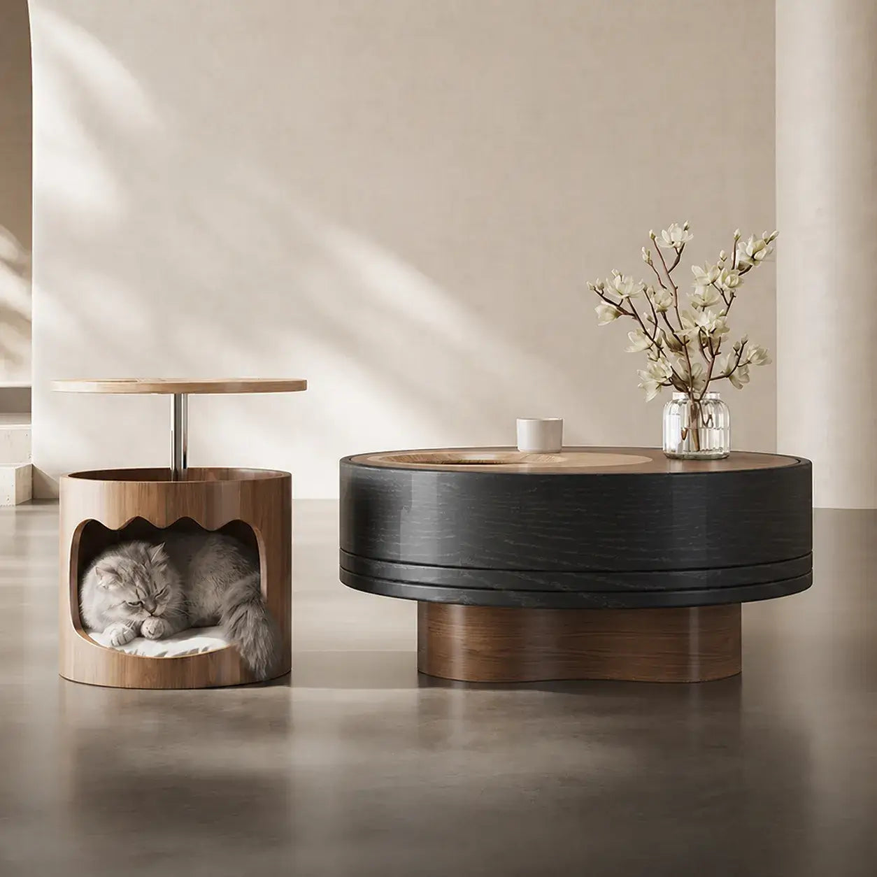 Multifunctional Pet-Friendly Coffee Table and Side Table Set, Sculptural Walnut Round Nesting Design