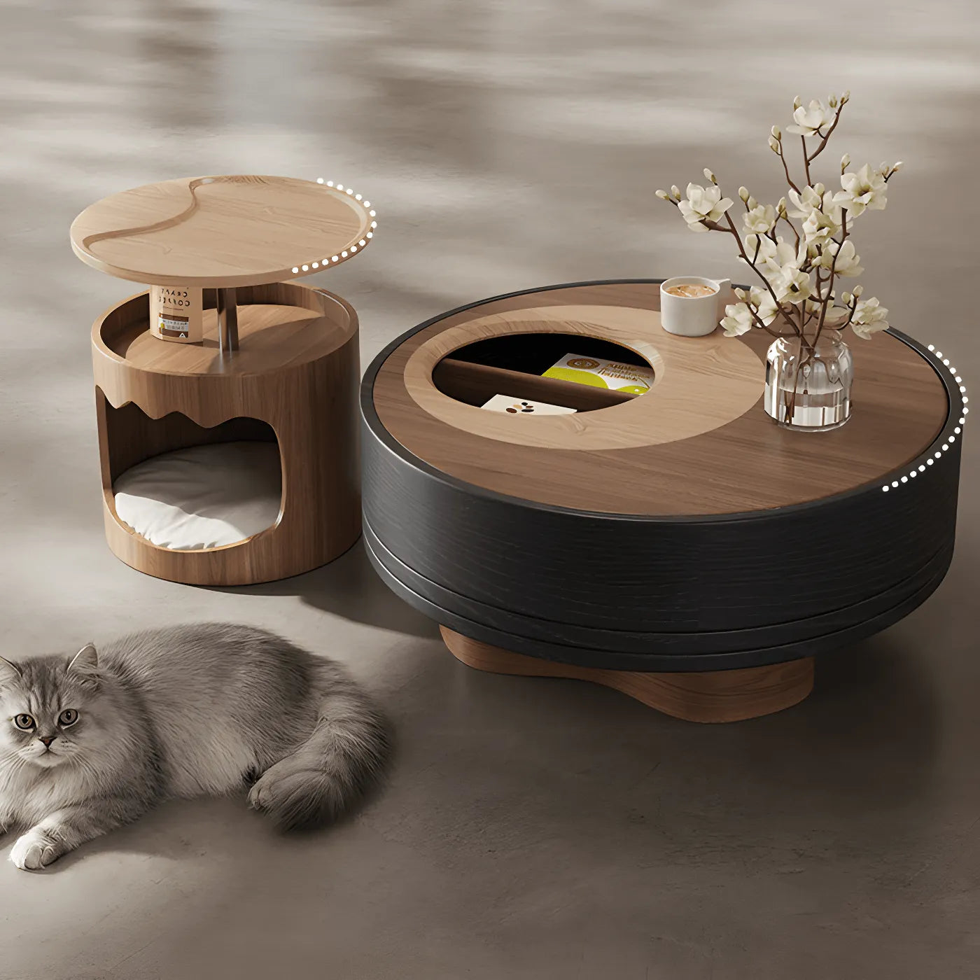 Multifunctional Pet-Friendly Coffee Table and Side Table Set, Sculptural Walnut Round Nesting Design