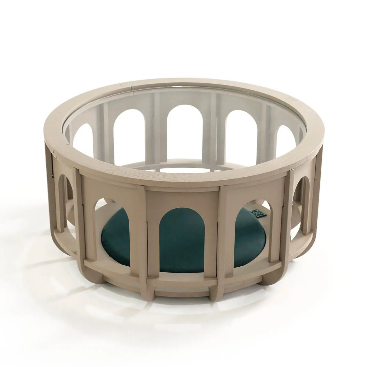 Multifunctional Pet-Friendly Coffee Table with Arched Oak Frame and Glass Top