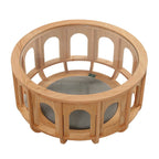 Multifunctional Pet-Friendly Coffee Table with Arched Oak Frame and Glass Top