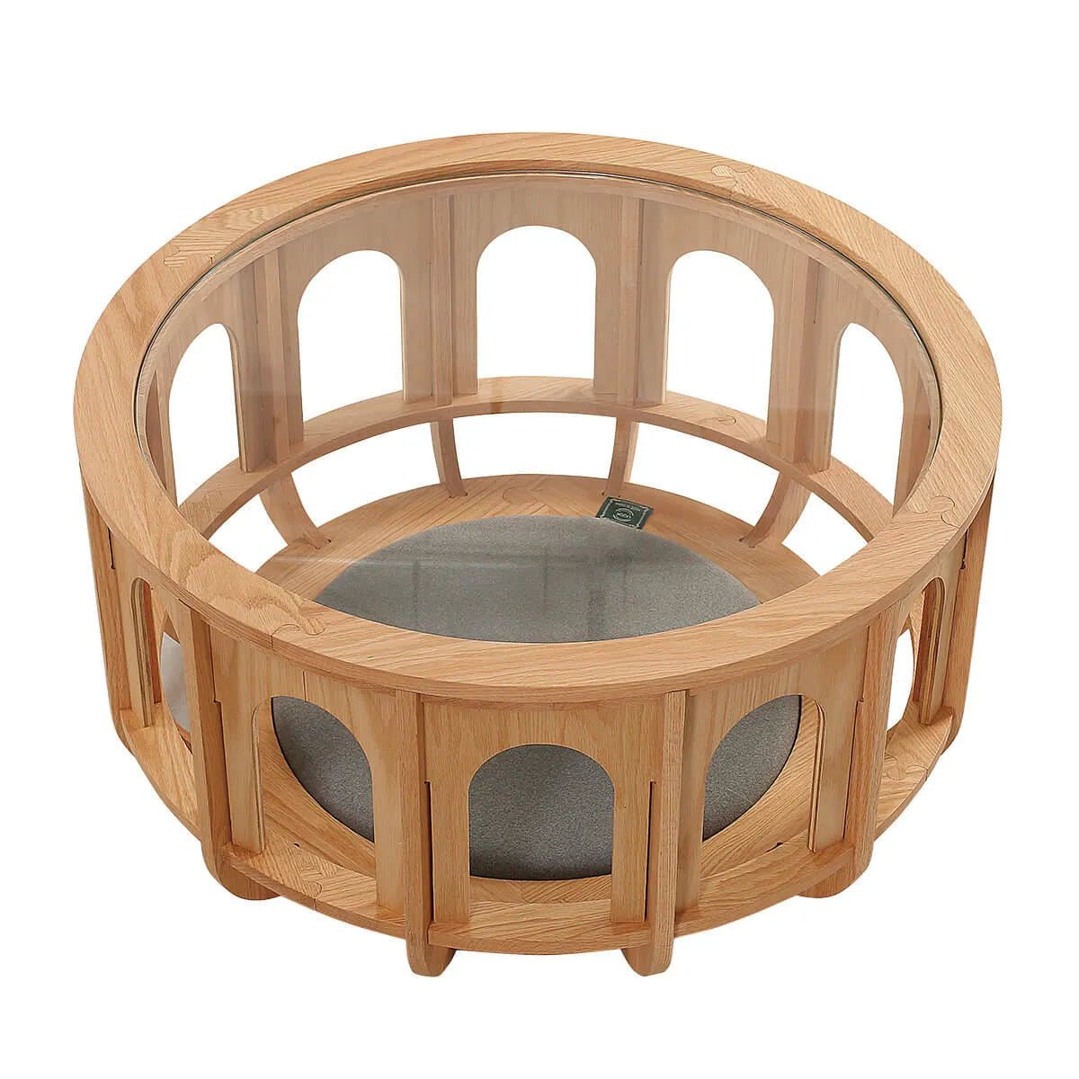 Multifunctional Pet-Friendly Coffee Table with Arched Oak Frame and Glass Top